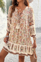 Load image into Gallery viewer, Apricot Floral Print Tassel Drawstring V Neck Loose Mini Dress
