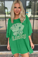 Load image into Gallery viewer, Bright Green Rhinestone Lucky Poker Cards Oversized T Shirt Mini Dress
