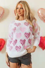 Load image into Gallery viewer, Pink Heart Leopard Print Pearled Ribbed Trim Fuzzy Sweater
