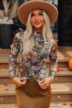 Load image into Gallery viewer, Brown Floral Long Sleeve High Neck Sheath Mesh Blouse
