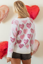 Load image into Gallery viewer, Pink Heart Leopard Print Pearled Ribbed Trim Fuzzy Sweater
