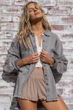 Load image into Gallery viewer, POL Button Down Raw Hem Distressed Shacket
