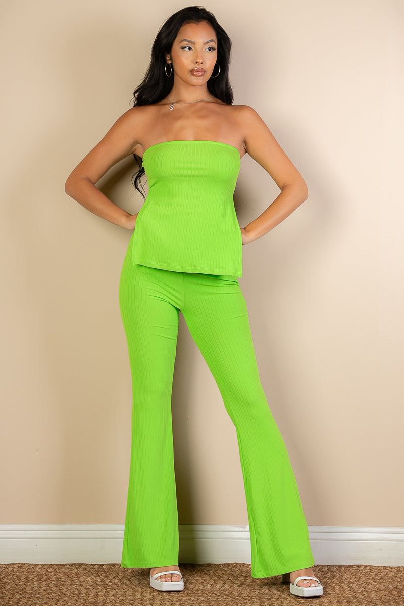 Ribbed Side Slit Bandeau Top & Flare Pants Set by CAPELLA