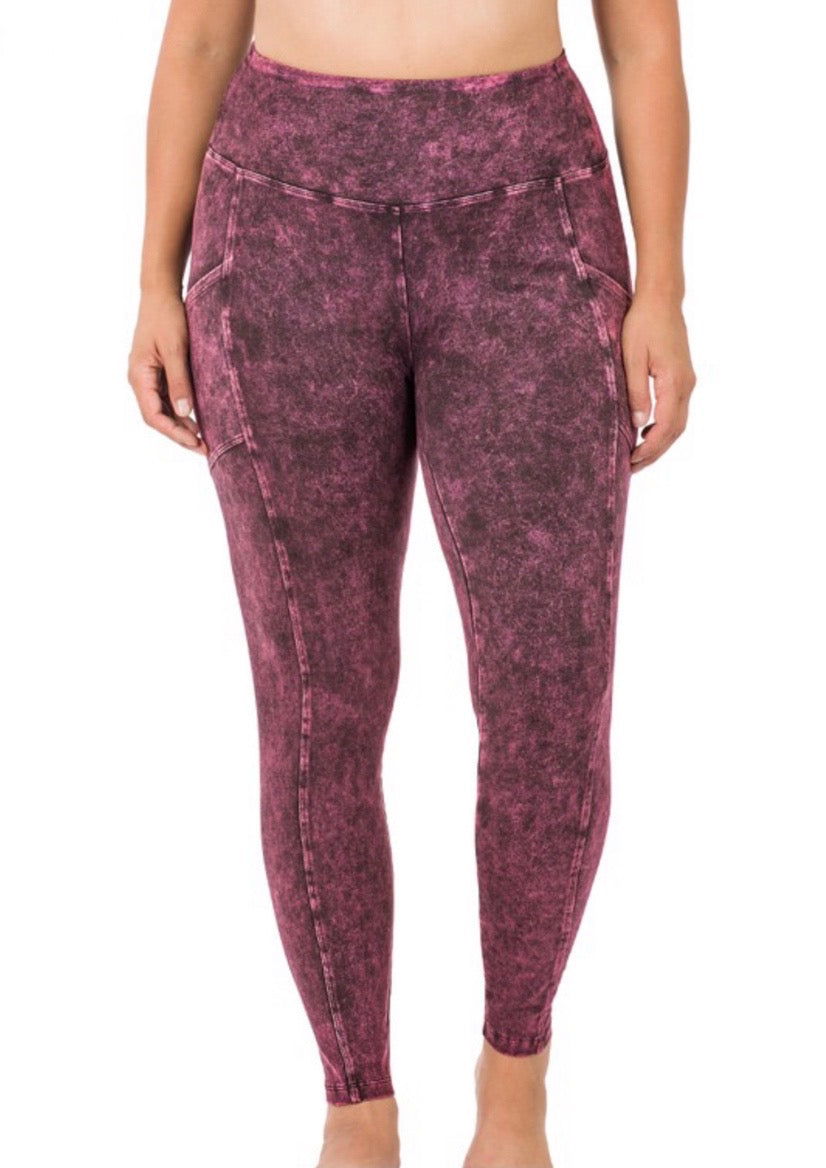 Zenana Mineral Washed Burgundy Wide Waistband Leggings with Pockets - Curvy