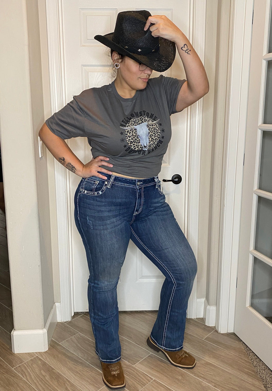 Grace In LA Mid Rise Easy Fit Bootcut Jeans with Rhinestones