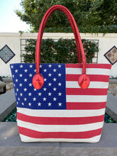 Load image into Gallery viewer, American Flag Tote Bag with Ruby Red Handles
