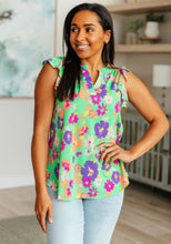 Load image into Gallery viewer, Lizzy Flutter Sleeve Top in Emerald and Purple Floral
