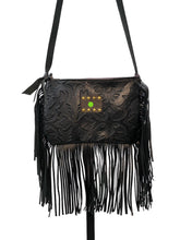 Load image into Gallery viewer, Maxine Upcycled Damask Pattern Crossbody Bag with Fringe in Black - Keep It Gypsy
