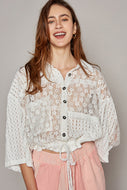Oversized Short Sleeve Button Up Lace Top by POL - White, Women's