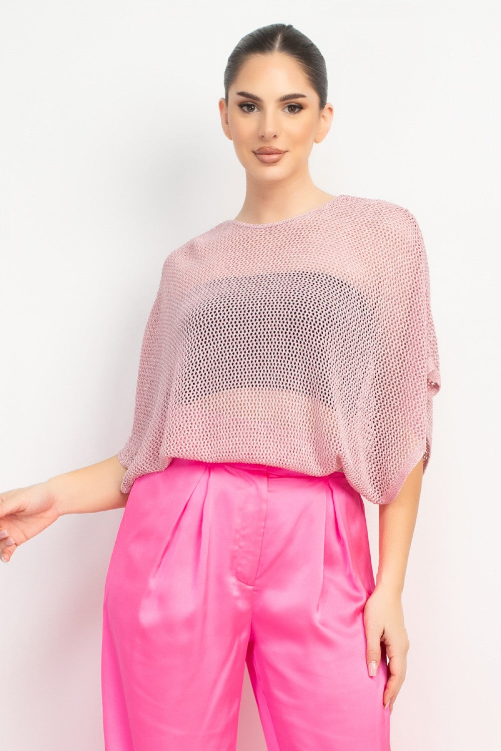 Metallic Pink and Silver Fishnet Sweater Top