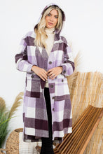 Load image into Gallery viewer, Purple Plum and Ivory Long Plaid Coat with Hood
