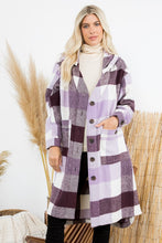 Load image into Gallery viewer, Purple Plum and Ivory Long Plaid Coat with Hood
