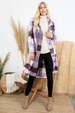 Load image into Gallery viewer, Purple Plum and Ivory Long Plaid Coat with Hood
