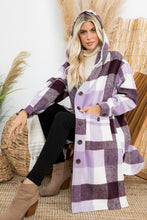 Load image into Gallery viewer, Purple Plum and Ivory Long Plaid Coat with Hood
