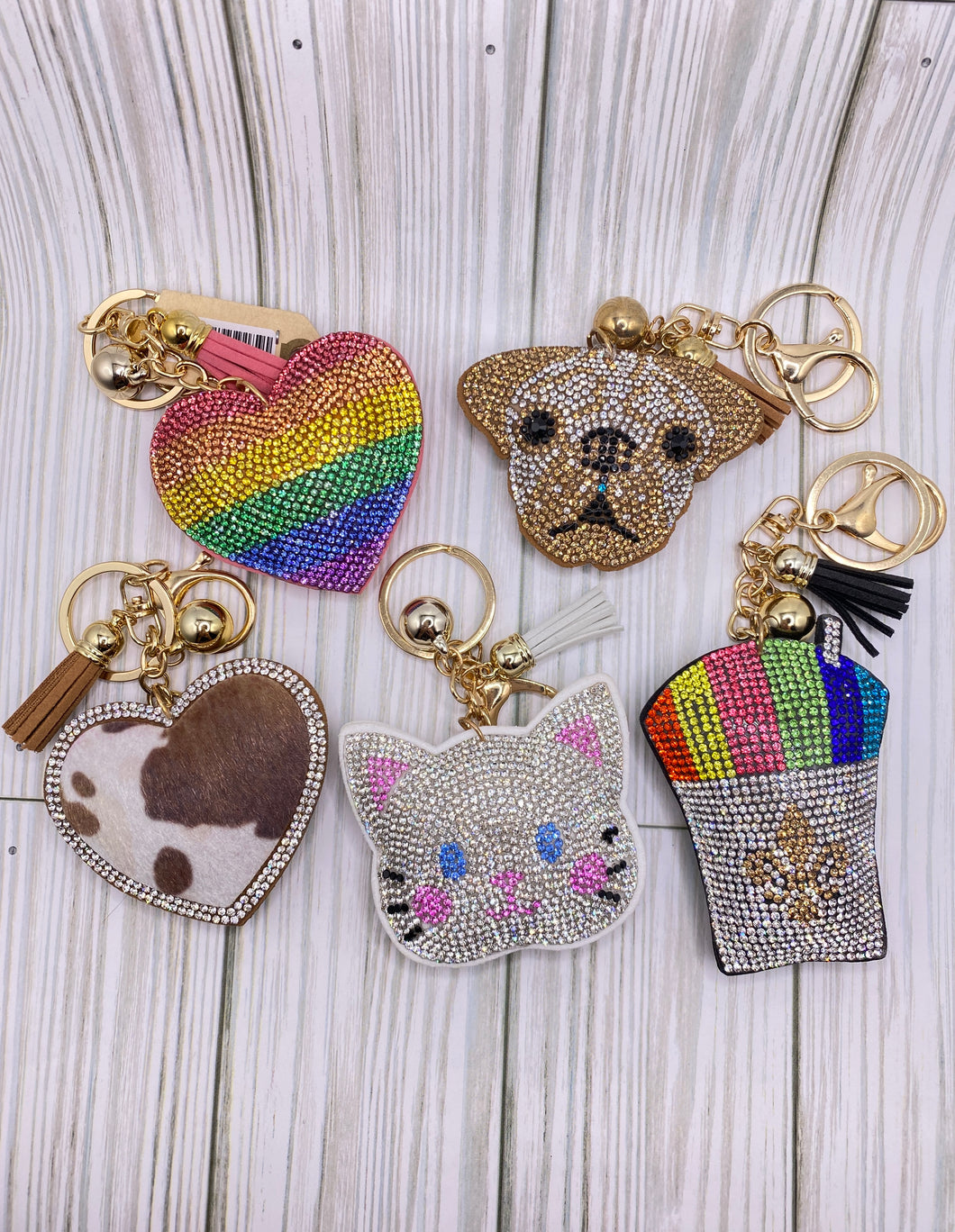 Bling Rhinestone Puffy Keychains - Rainbow Heart, Pug, Cow Hart, Wht. Cat, Rainbow Cup
