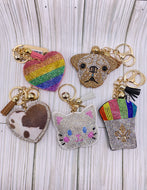 Bling Rhinestone Puffy Keychains - Rainbow Heart, Pug, Cow Hart, Wht. Cat, Rainbow Cup