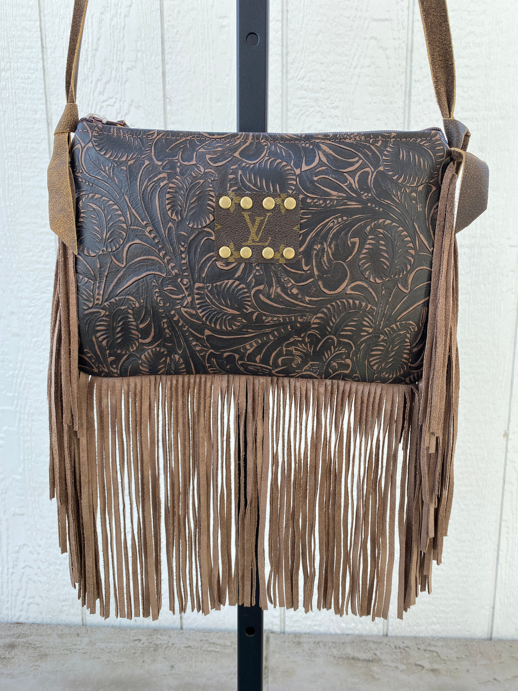 Paisley Crossbody Upcycled Leather Bag with Fringe by Keep It Gypsy