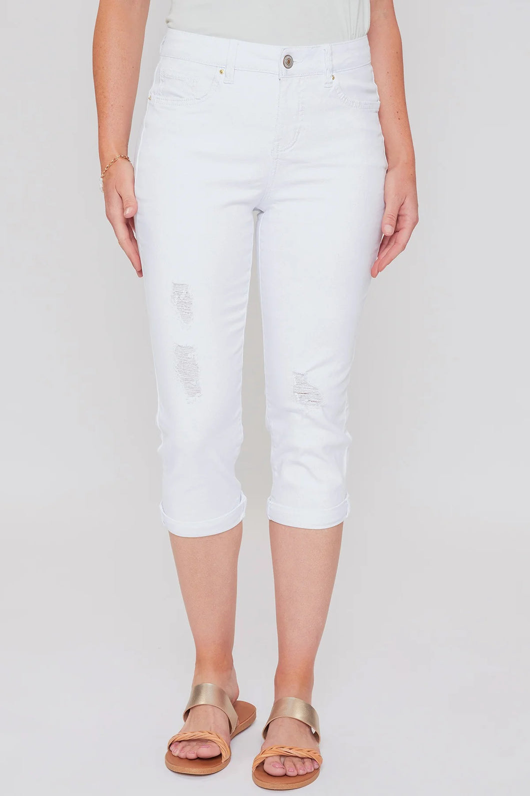 White Slim Stretch High Waist Capri Jeans by YMI with Tummy Control- Women's
