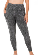 Zenana Mineral Washed Charcoal Wide Waistband Leggings with Pockets - Curvy