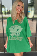 Load image into Gallery viewer, Bright Green Rhinestone Lucky Poker Cards Oversized T Shirt Mini Dress
