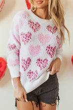 Load image into Gallery viewer, Pink Heart Leopard Print Pearled Ribbed Trim Fuzzy Sweater
