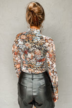 Load image into Gallery viewer, Brown Floral Long Sleeve High Neck Sheath Mesh Blouse
