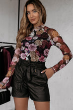 Load image into Gallery viewer, Pink Mesh Floral Print Mock Neck Long Sleeve Slim Top
