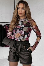 Load image into Gallery viewer, Pink Mesh Floral Print Mock Neck Long Sleeve Slim Top
