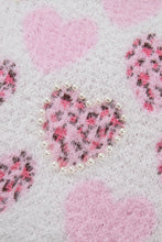 Load image into Gallery viewer, Pink Heart Leopard Print Pearled Ribbed Trim Fuzzy Sweater
