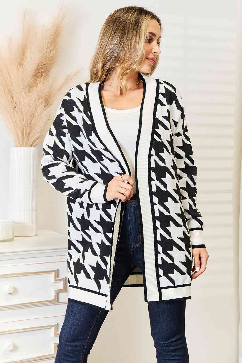 Woven Right Houndstooth Open Front Longline Cardigan