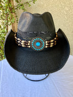 Cowboy Hat with Turquoise Concho and Wood Bead Headband