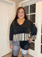 Black Bell Sleeve Top with Gray Geometric Trim by POL Clothing