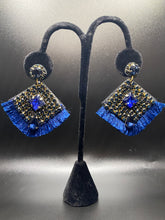 Load image into Gallery viewer, Boho Fringe Earrings with Blue Rhinestones
