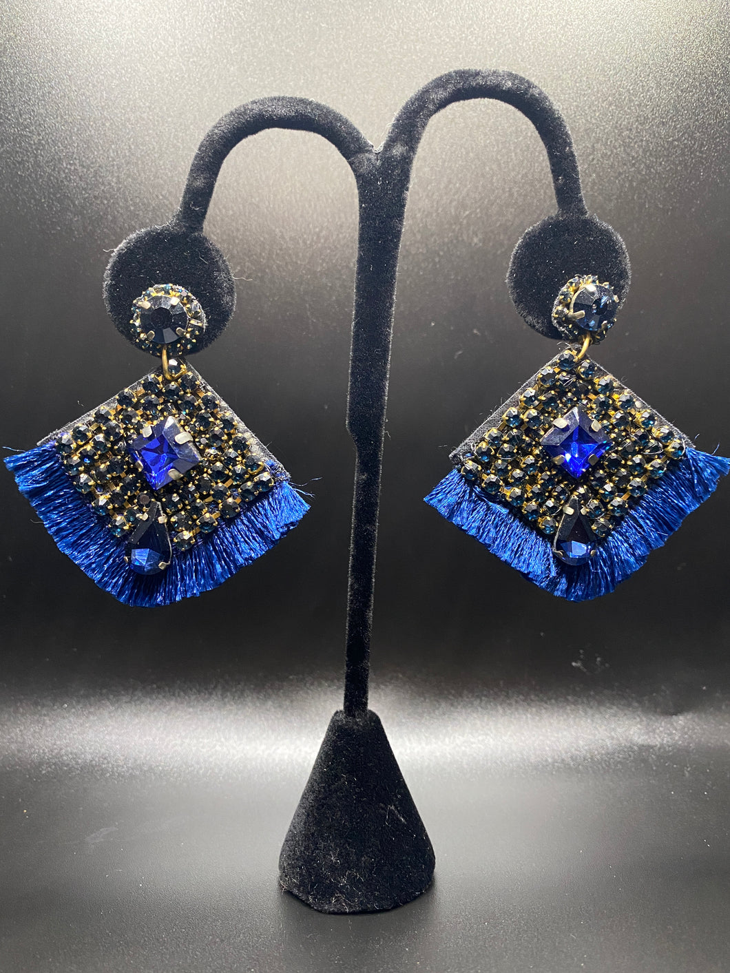 Boho Fringe Earrings with Blue Rhinestones