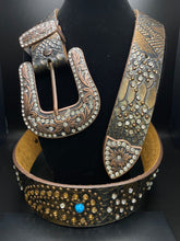 Load image into Gallery viewer, Rhinestone Studded Leather Belt with Turquoise Accents-Brown
