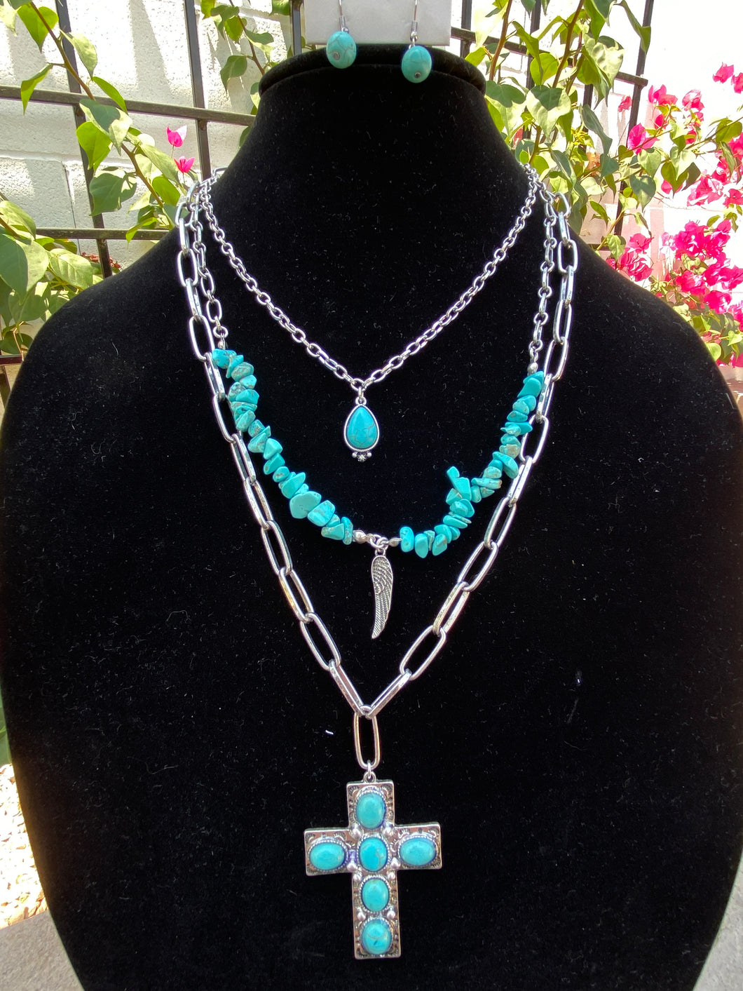 Western Cross with Turquoise and Stone Layered Set