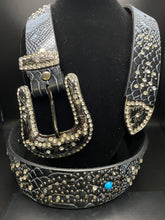 Load image into Gallery viewer, Dark Gray Studded Leather Belt with Rhinestones and Turquoise Accents
