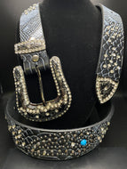Dark Gray Studded Leather Belt with Rhinestones and Turquoise Accents