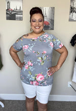 Load image into Gallery viewer, Gray Flower Top with Crisscross Shoulder - Curvy
