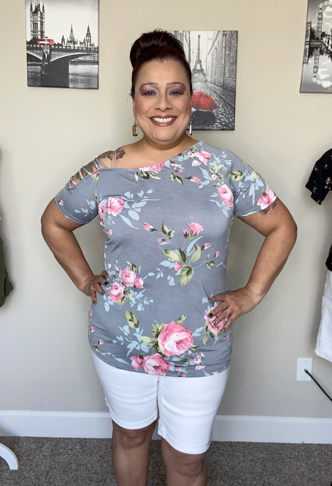 Gray Flower Top with Crisscross Shoulder - Curvy