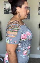 Load image into Gallery viewer, Gray Flower Top with Crisscross Shoulder - Curvy
