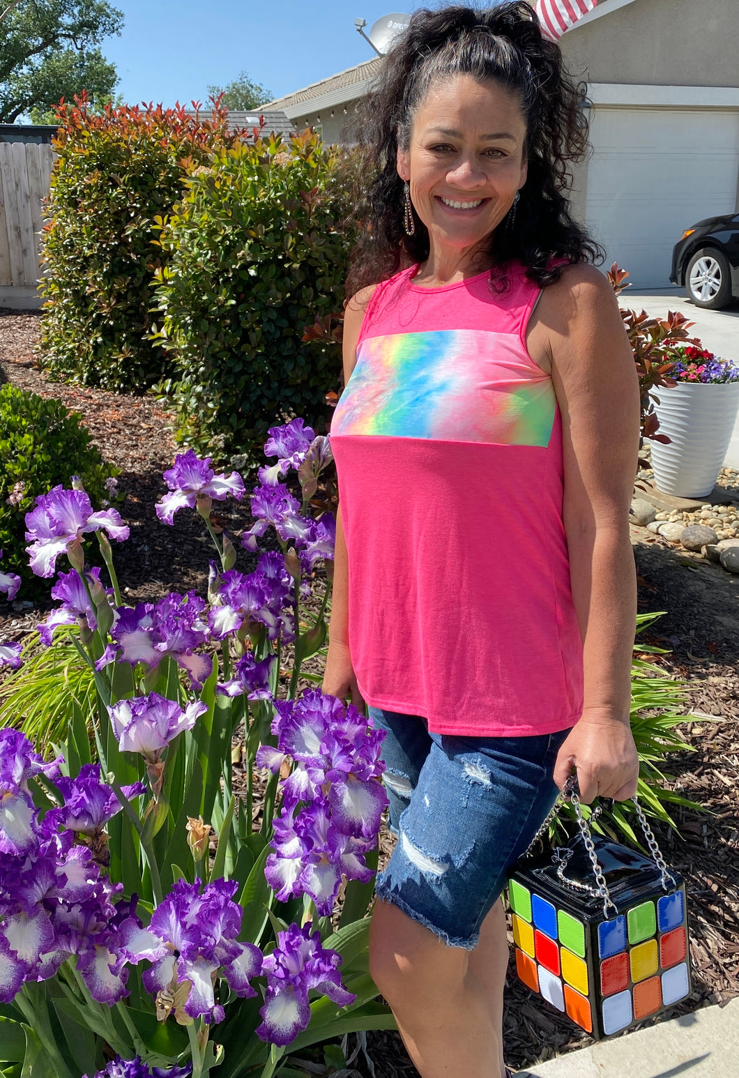 Neon Pink Sleeveless Top With Tie Dye - Women's