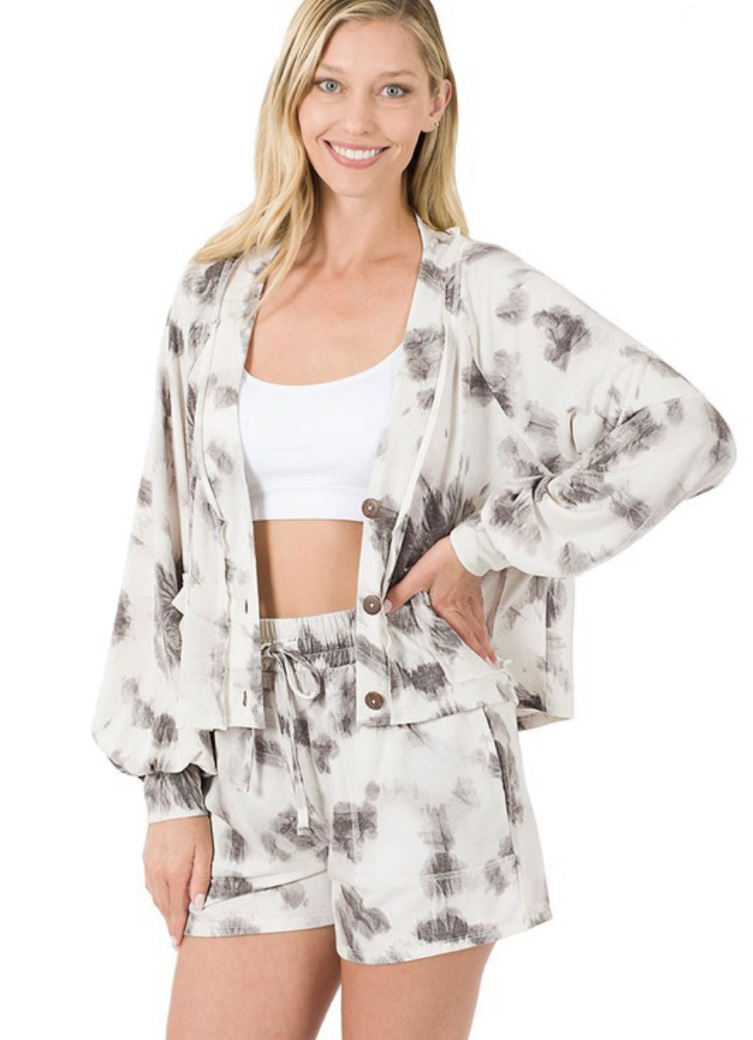 French Terry Tie Dye Cardigan & Short Set-White and Gray