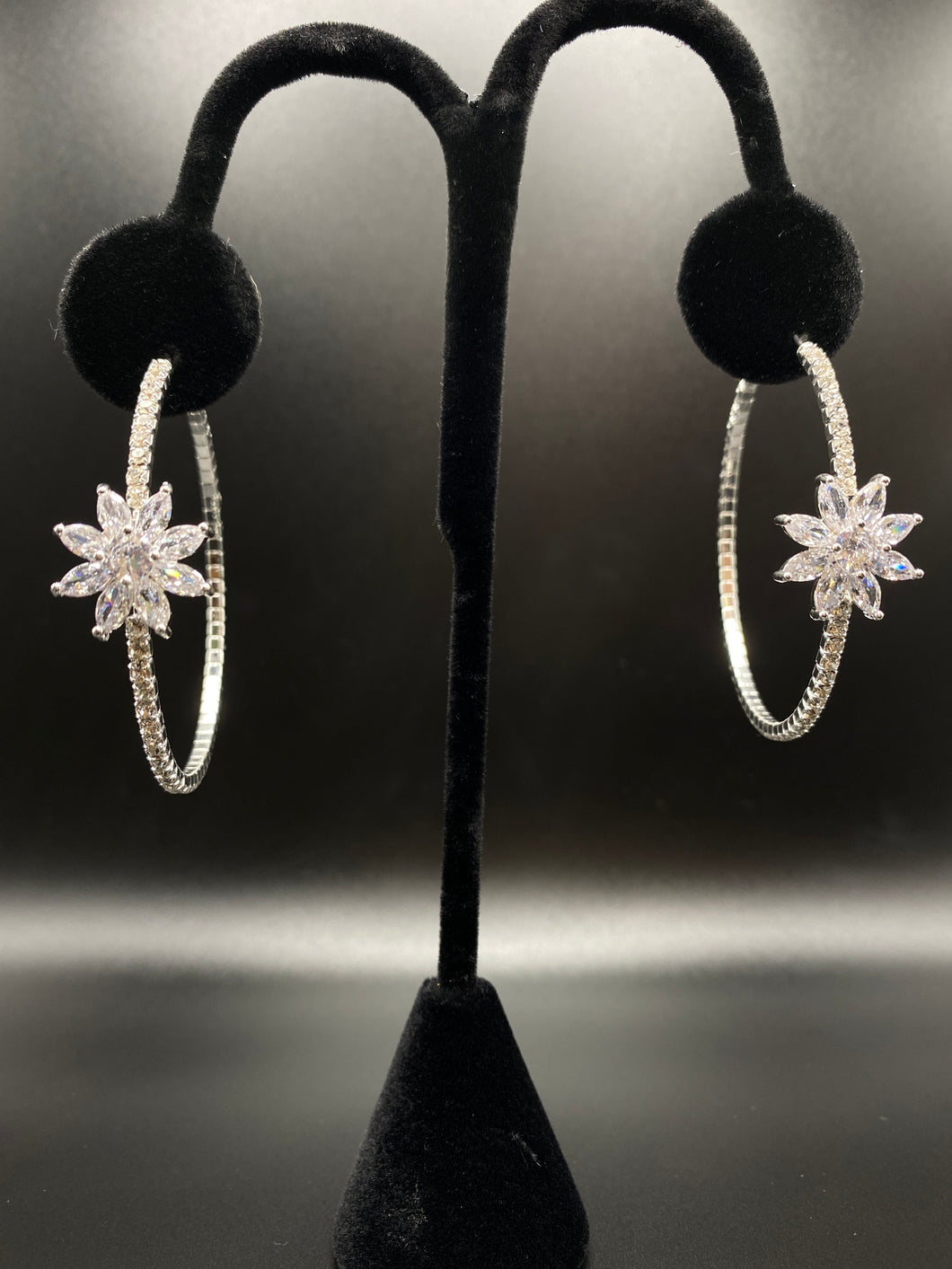 Cubic Zirconia Flower Hoop Earrings - Silvertone