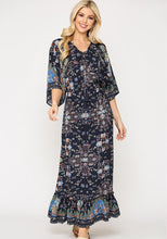 Load image into Gallery viewer, Floral Maxi Dress with Front Lace Up - Navy
