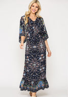 Floral Maxi Dress with Front Lace Up - Navy