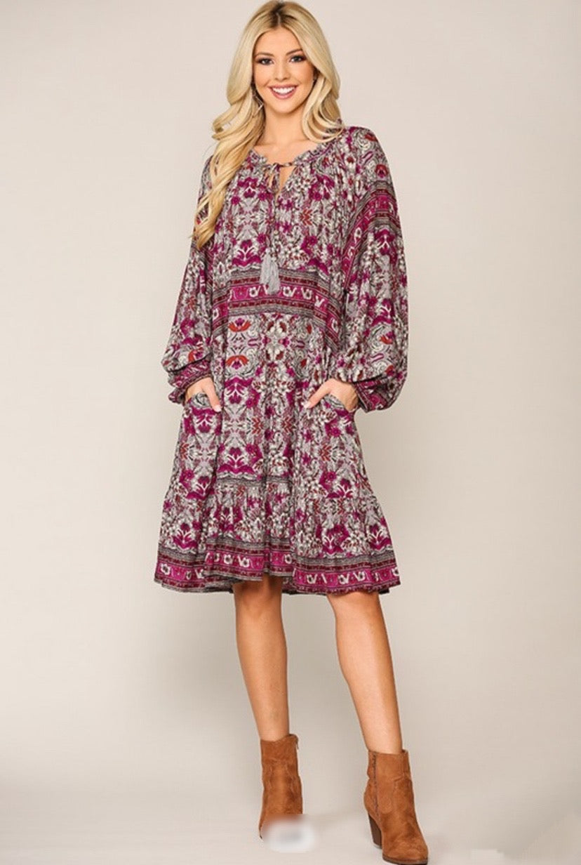 Printed Ruffled Peasant Dress - Women's