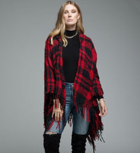 Load image into Gallery viewer, Buffalo Plaid Poncho with Hood - Red &amp; Black
