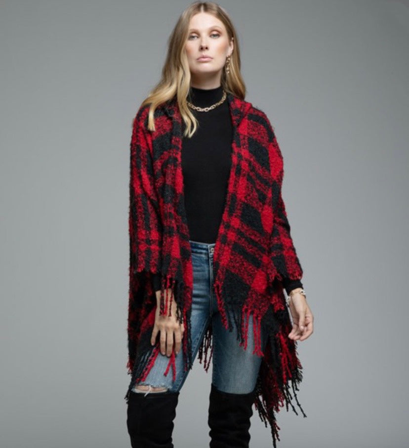 Buffalo Plaid Poncho with Hood - Red & Black