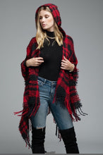 Load image into Gallery viewer, Buffalo Plaid Poncho with Hood - Red &amp; Black
